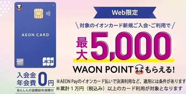 イオンカード、新規入会+利用で最大5000WAON POINTもらえる入会キャンペーンが常時開催中